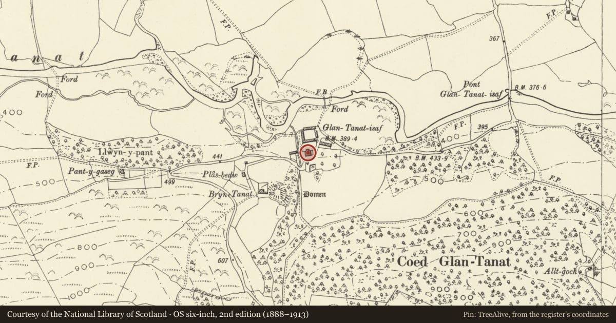 Ordnance Survey six-inch map, 2nd edition (1888–1913) covering the location of Glantanat Isaf, Llangedwyn, Powys, with a pin at the register's coordinates