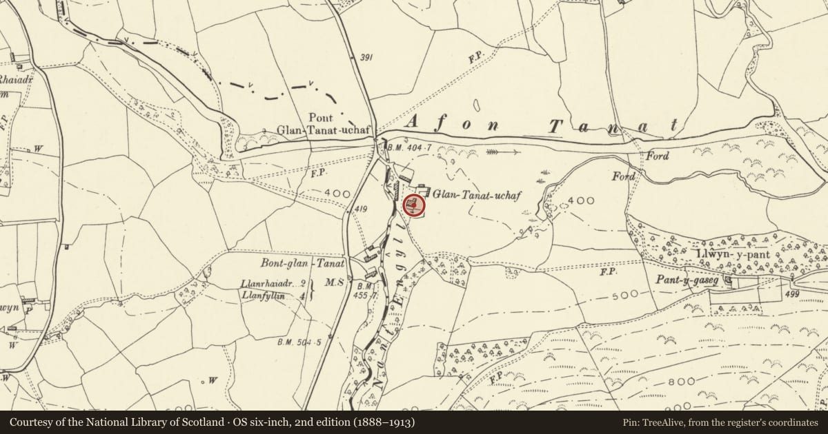 Ordnance Survey six-inch map, 2nd edition (1888–1913) covering the location of Glantanat Uchaf, Llangedwyn, Powys, with a pin at the register's coordinates