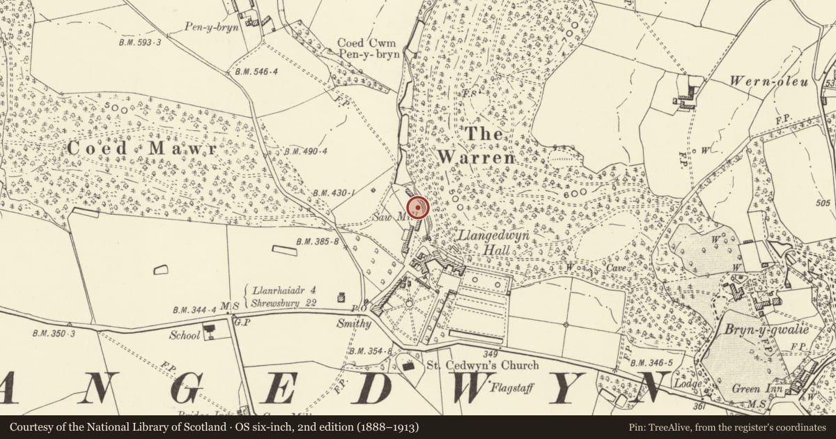 Ordnance Survey six-inch map, 2nd edition (1888–1913) covering the location of Lofted Outbuilding at Llangedwyn Hall, Powys, with a pin at the register's coordinates