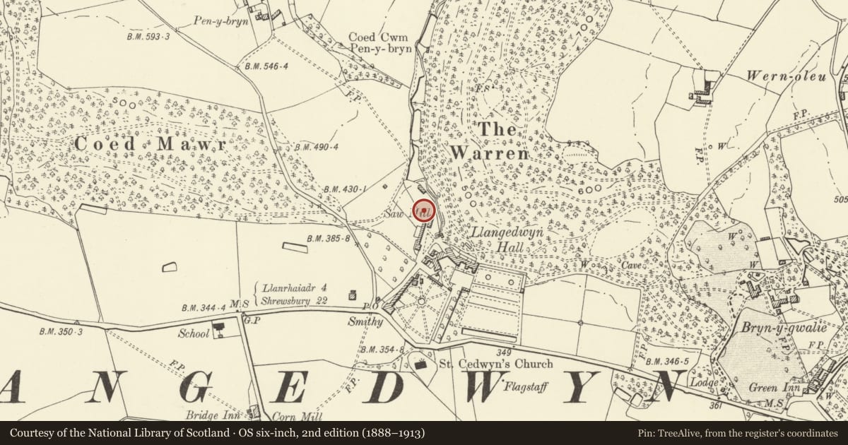 Ordnance Survey six-inch map, 2nd edition (1888–1913) covering the location of Lofted Shed Range at Llangedwyn Hall, Powys, with a pin at the register's coordinates