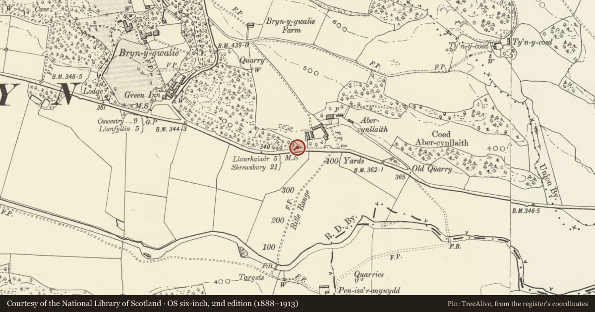 Ordnance Survey six-inch map, 2nd edition (1888–1913) covering the location of Milestone at Abercynllaith, Llangedwyn, Powys, with a pin at the register's coordinates