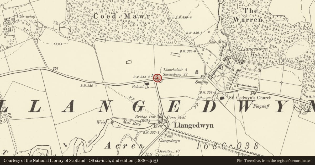 Ordnance Survey six-inch map, 2nd edition (1888–1913) covering the location of Milestone opposite Llangedwyn School, Powys, with a pin at the register's coordinates