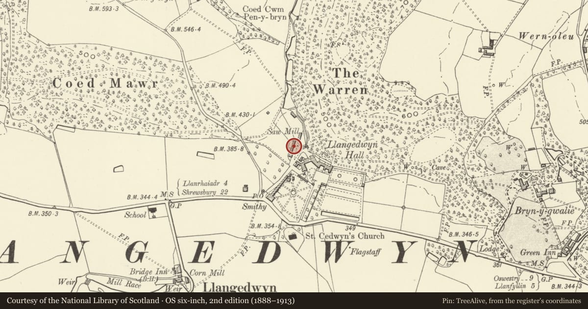 Ordnance Survey six-inch map, 2nd edition (1888–1913) covering the location of North Stables Range with Cottages at Llangedwyn Hall, Powys, with a pin at the register's coordinates