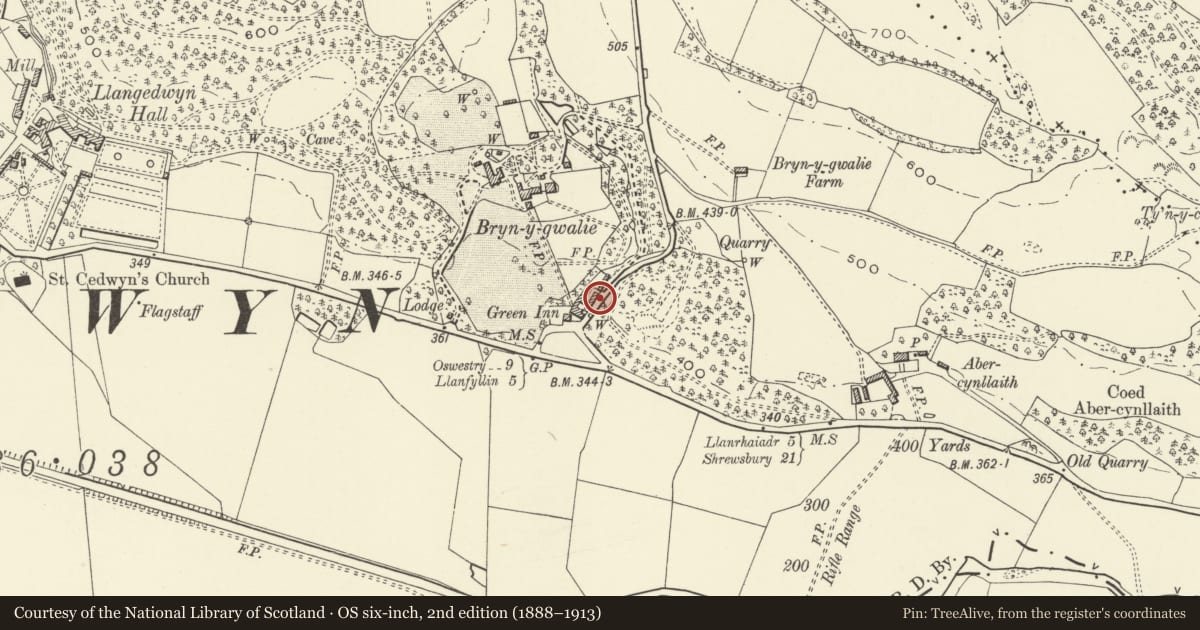 Ordnance Survey six-inch map, 2nd edition (1888–1913) covering the location of Outbuildings north of Green Inn, Llangedwyn, Powys, with a pin at the register's coordinates