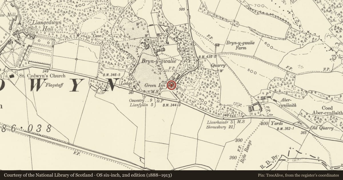 Ordnance Survey six-inch map, 2nd edition (1888–1913) covering the location of Rear Building at Green Inn, Llangedwyn, Powys, with a pin at the register's coordinates