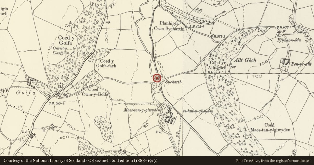Ordnance Survey six-inch map, 2nd edition (1888–1913) covering the location of Shed, Bullhouse and Pigsties at Sycharth, Llangedwyn, Powys, with a pin at the register's coordinates