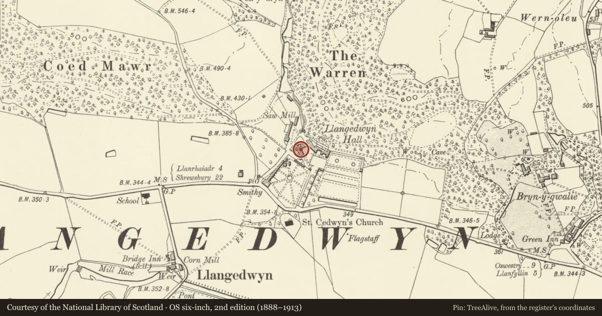 Ordnance Survey six-inch map, 2nd edition (1888–1913) covering the location of Stable Block at Llangedwyn Hall, Powys, with a pin at the register's coordinates