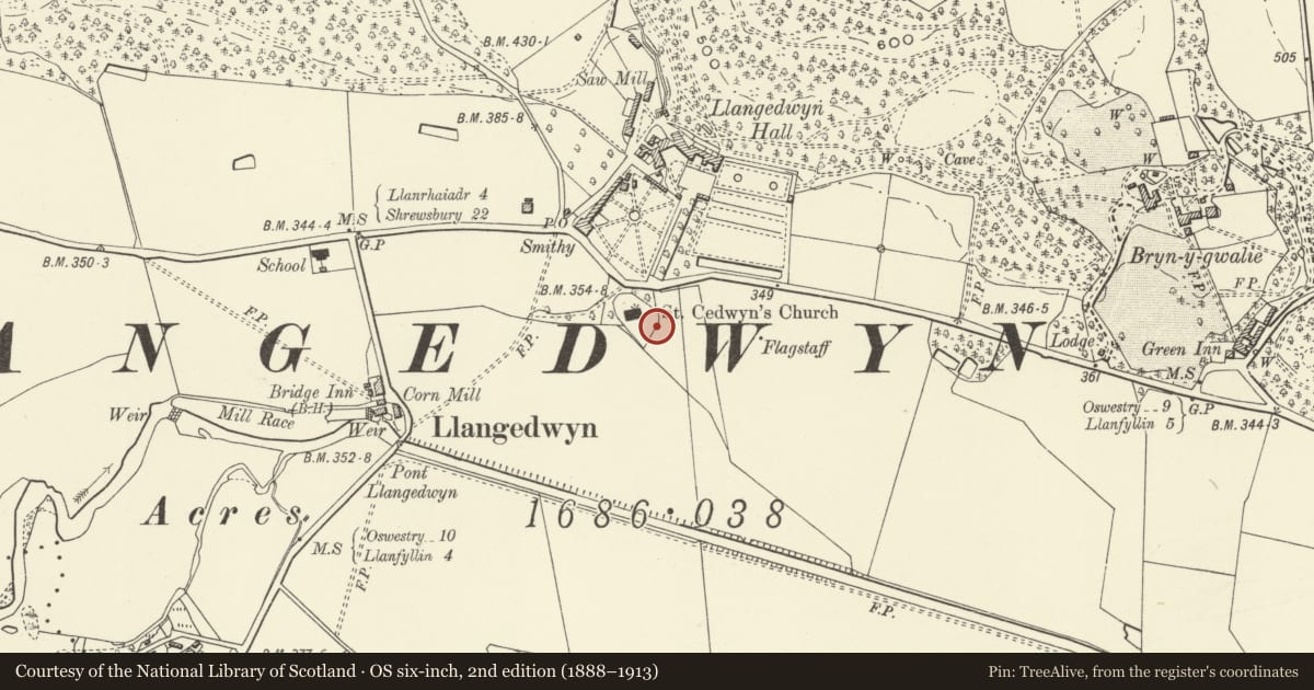 Ordnance Survey six-inch map, 2nd edition (1888–1913) covering the location of Williams-Wynn Monument in St Cedwyn's Churchyard, Llangedwyn, Powys, with a pin at the register's coordinates