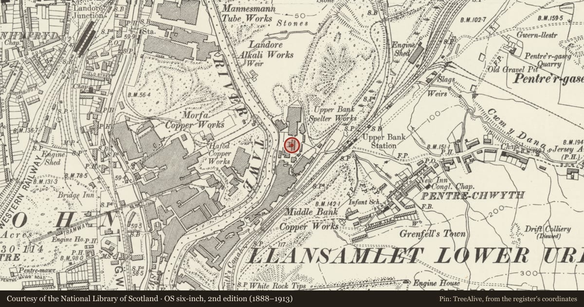 Ordnance Survey six-inch map, 2nd edition (1888–1913) covering the location of Former smelter sheds at Upper Bank Works, Bonymaen, Swansea, with a pin at the register's coordinates