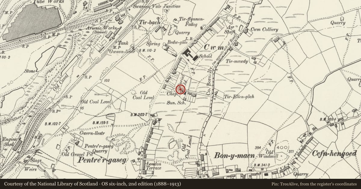 Ordnance Survey six-inch map, 2nd edition (1888–1913) covering the location of Walls, railings and gates at Capel Salem (Capel y Cwm), Bonymaen, Swansea, with a pin at the register's coordinates