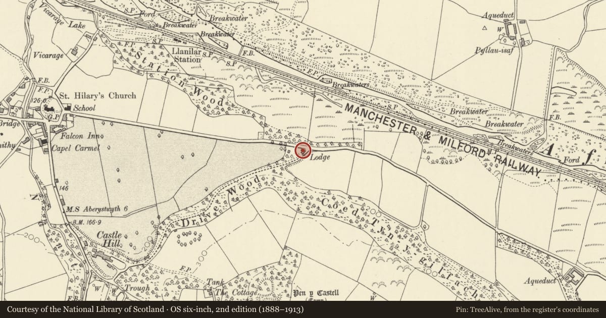 Ordnance Survey six-inch map, 2nd edition (1888–1913) covering the location of Castle Hill Lodge, Llanilar, Ceredigion, with a pin at the register's coordinates