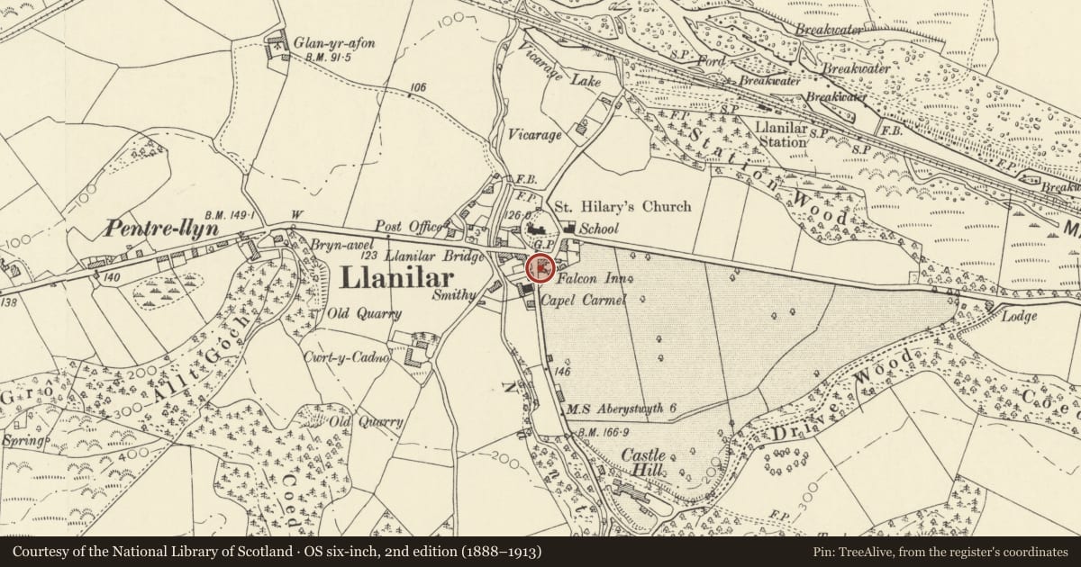Ordnance Survey six-inch map, 2nd edition (1888–1913) covering the location of Bryn Ilar, Llanilar, Ceredigion, with a pin at the register's coordinates