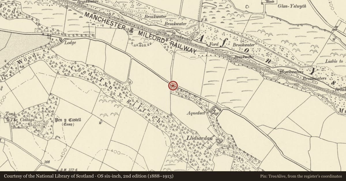 Ordnance Survey six-inch map, 2nd edition (1888–1913) covering the location of Gates, piers and railings to Plas Llidiardau, Llanilar, Ceredigion, with a pin at the register's coordinates
