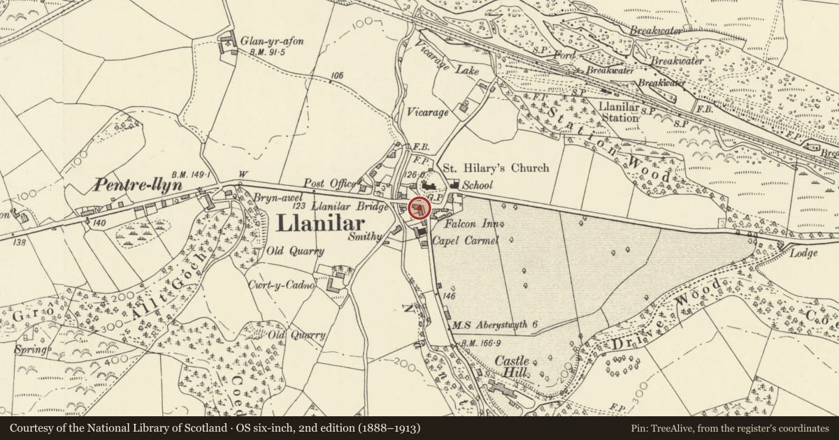Ordnance Survey six-inch map, 2nd edition (1888–1913) covering the location of Glanadair with railings and attached shop, Llanilar, Ceredigion, with a pin at the register's coordinates