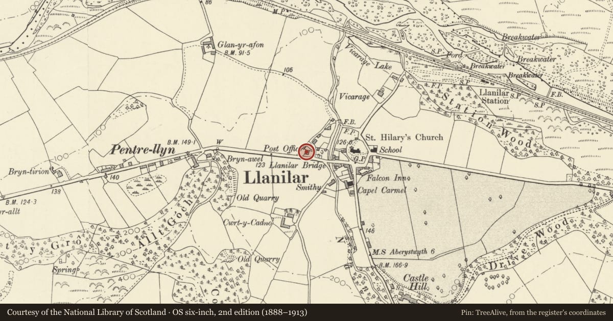 Ordnance Survey six-inch map, 2nd edition (1888–1913) covering the location of Glanhaul, Llanilar, Ceredigion, with a pin at the register's coordinates