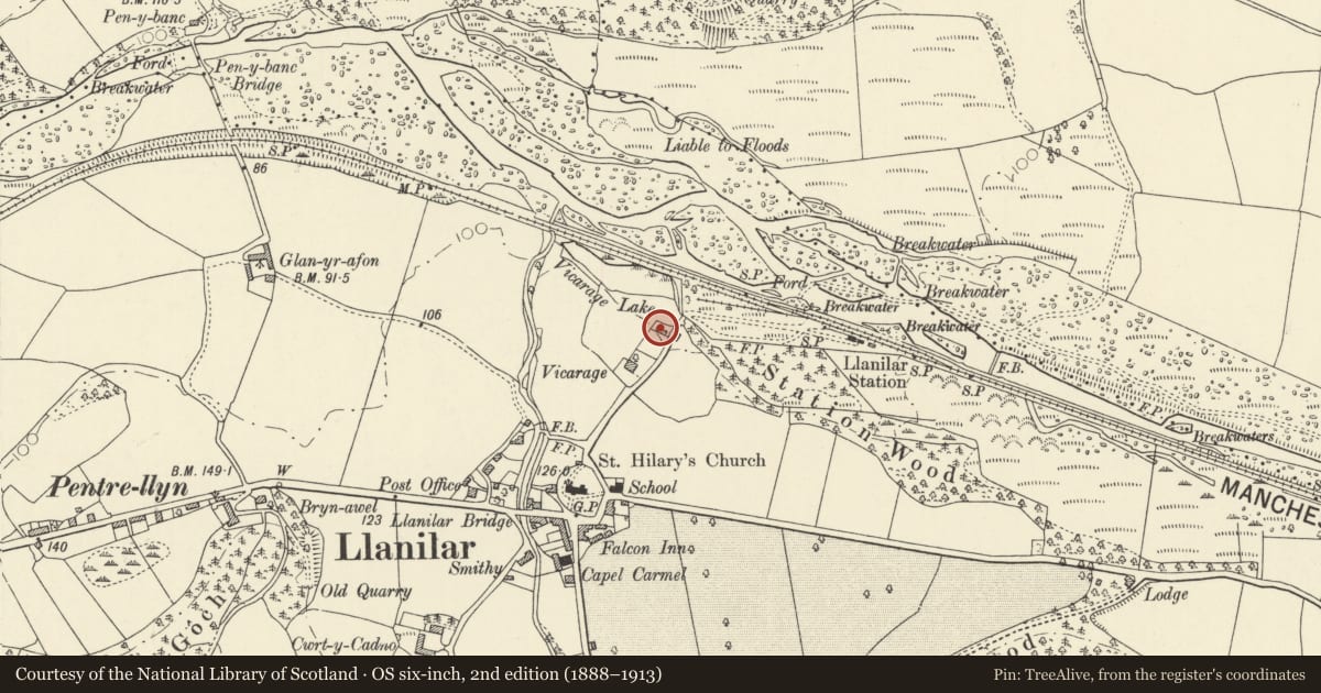 Ordnance Survey six-inch map, 2nd edition (1888–1913) covering the location of Outbuilding to N of Vicarage, Llanilar, Ceredigion, with a pin at the register's coordinates