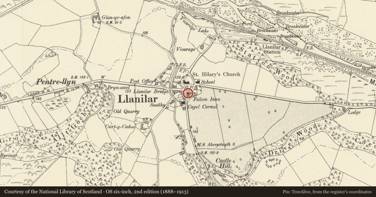 Ordnance Survey six-inch map, 2nd edition (1888–1913) covering the location of The Falcon Inn, Llanilar, Ceredigion, with a pin at the register's coordinates