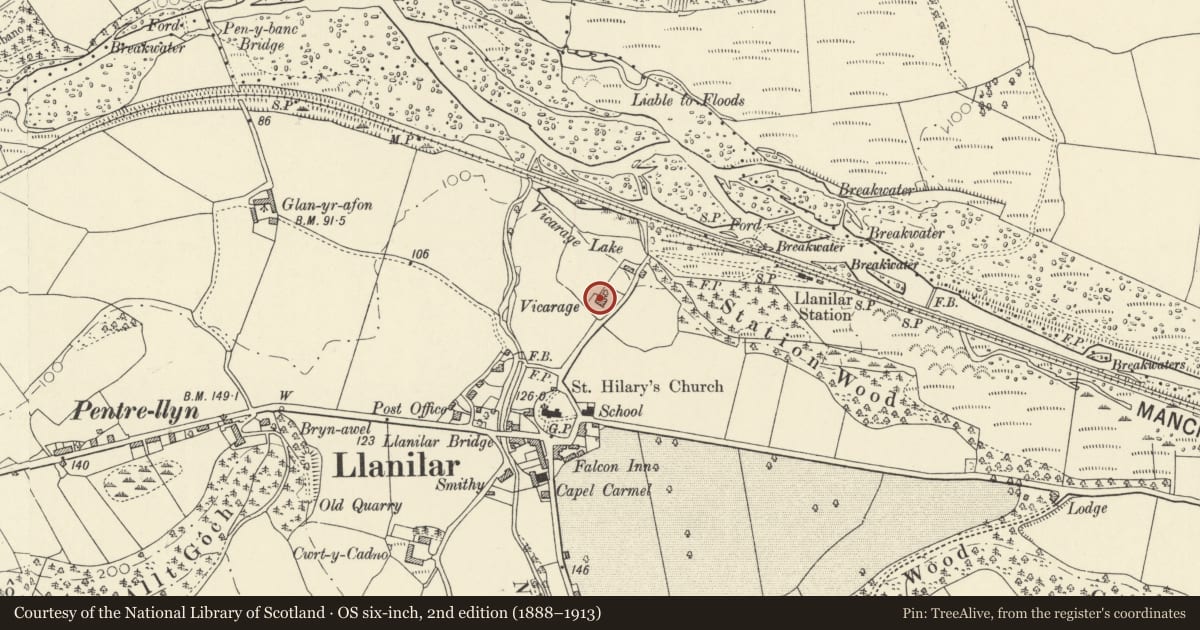 Ordnance Survey six-inch map, 2nd edition (1888–1913) covering the location of The Vicarage, Llanilar, Ceredigion, with a pin at the register's coordinates