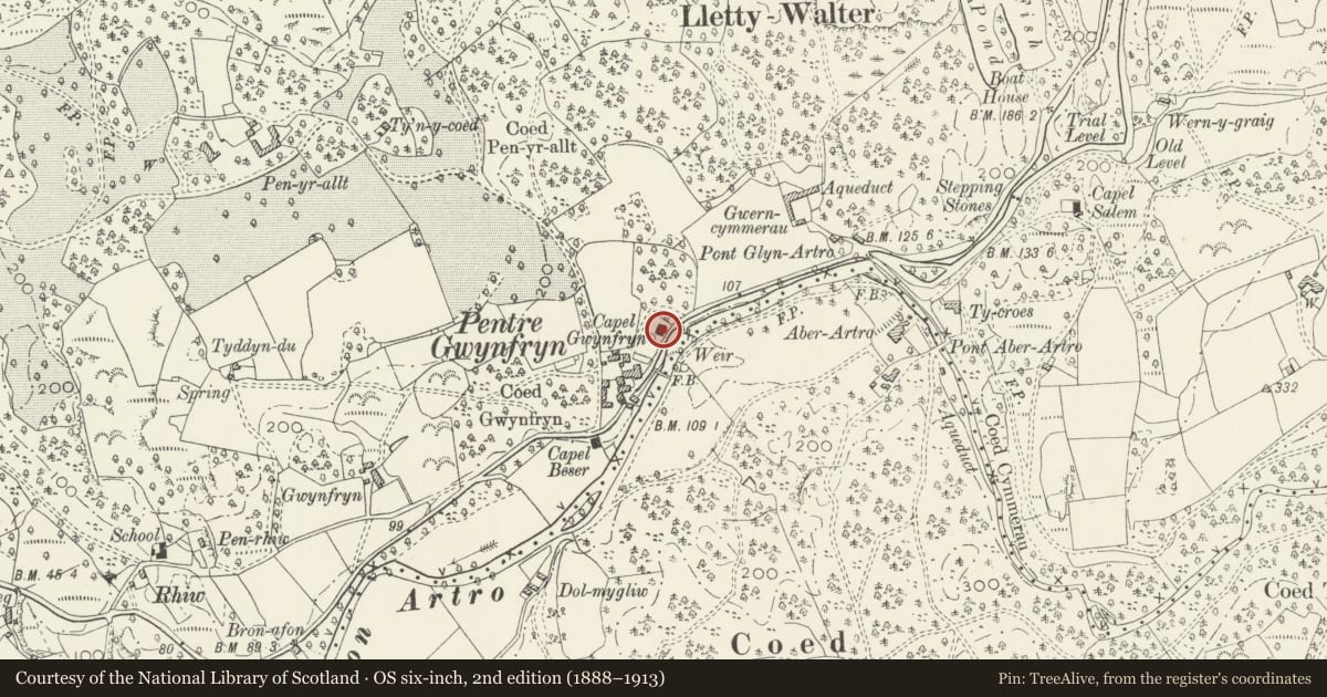 Ordnance Survey six-inch map, 2nd edition (1888–1913) covering the location of Capel Gwynfryn, Llanbedr, Gwynedd, with a pin at the register's coordinates