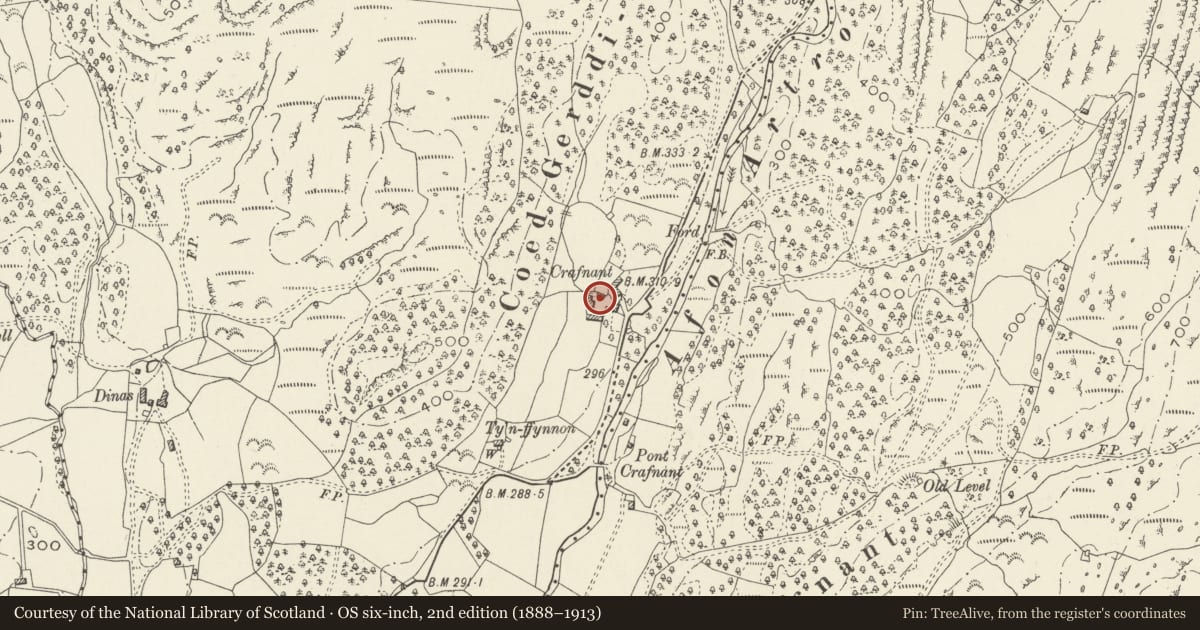 Ordnance Survey six-inch map, 2nd edition (1888–1913) covering the location of Cowhouse at Crafnant, Llanbedr, Gwynedd, with a pin at the register's coordinates