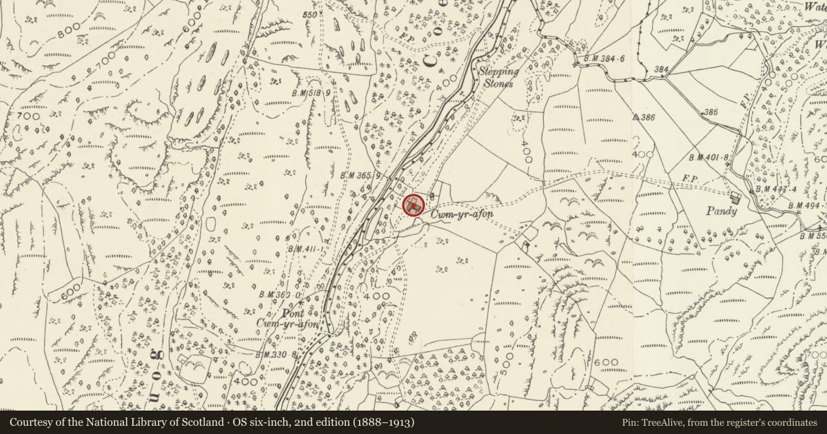 Ordnance Survey six-inch map, 2nd edition (1888–1913) covering the location of Cwm-yr-afon Farmhouse with attached farm-ranges to rear, Llanbedr, Gwynedd, with a pin at the register's coordinates