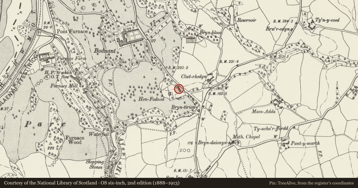 Ordnance Survey six-inch map, 2nd edition (1888–1913) covering the location of Barn E of Old Bodnod, Eglwysbach, Conwy, with a pin at the register's coordinates