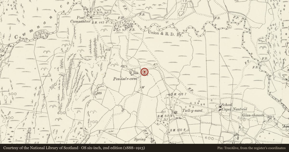 Ordnance Survey six-inch map, 2nd edition (1888–1913) covering the location of Fieldbarn at Pen-isa'r cwm, Llanbedr, Gwynedd, with a pin at the register's coordinates