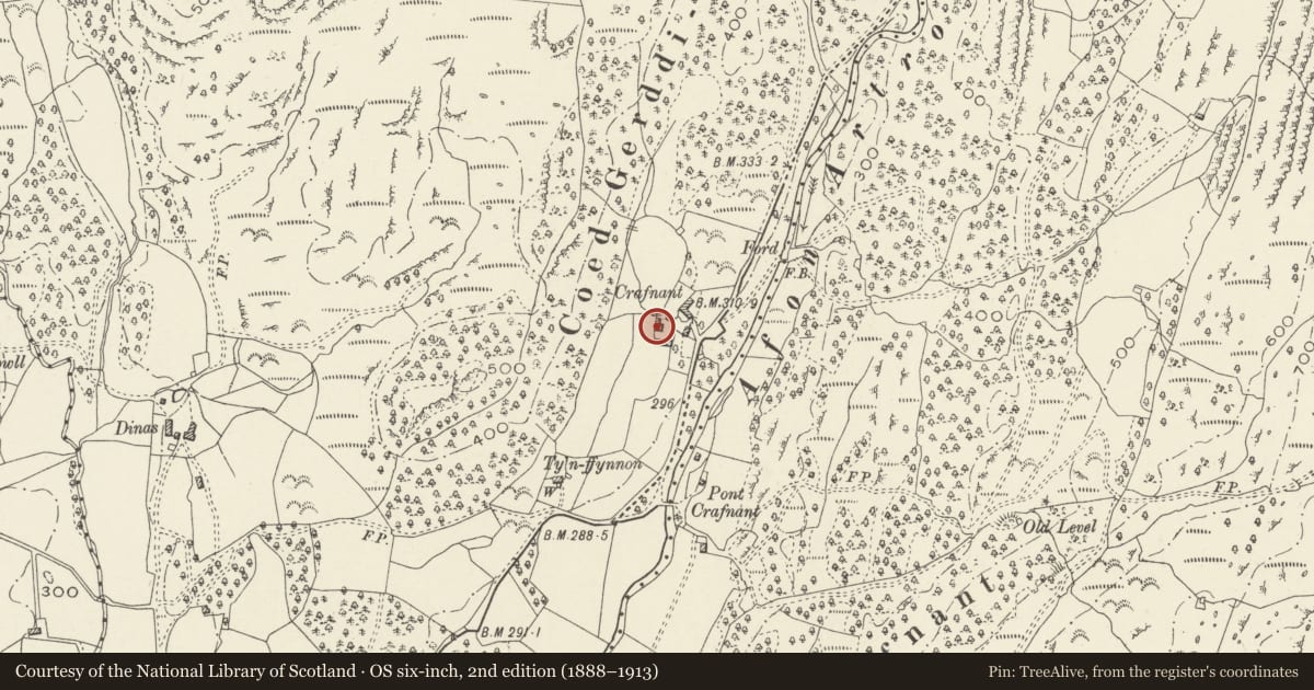 Ordnance Survey six-inch map, 2nd edition (1888–1913) covering the location of Lofted stable and haybarn, Llanbedr, Gwynedd, with a pin at the register's coordinates