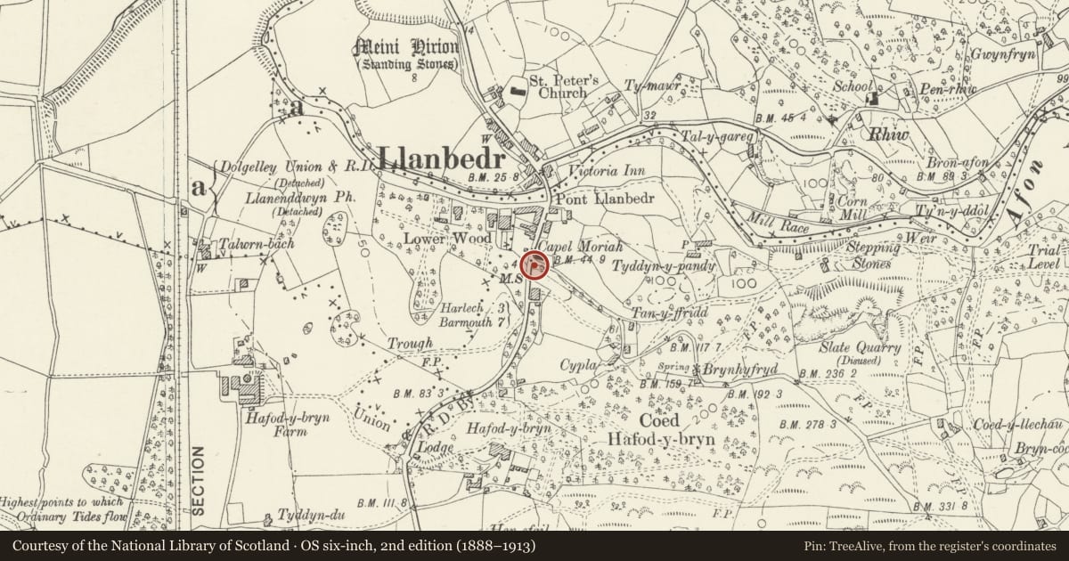 Ordnance Survey six-inch map, 2nd edition (1888–1913) covering the location of Milestone, Llanbedr, Gwynedd, with a pin at the register's coordinates