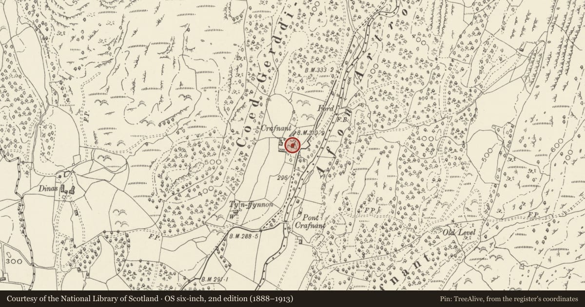 Ordnance Survey six-inch map, 2nd edition (1888–1913) covering the location of Outbuilding at Crafnant, Llanbedr, Gwynedd, with a pin at the register's coordinates