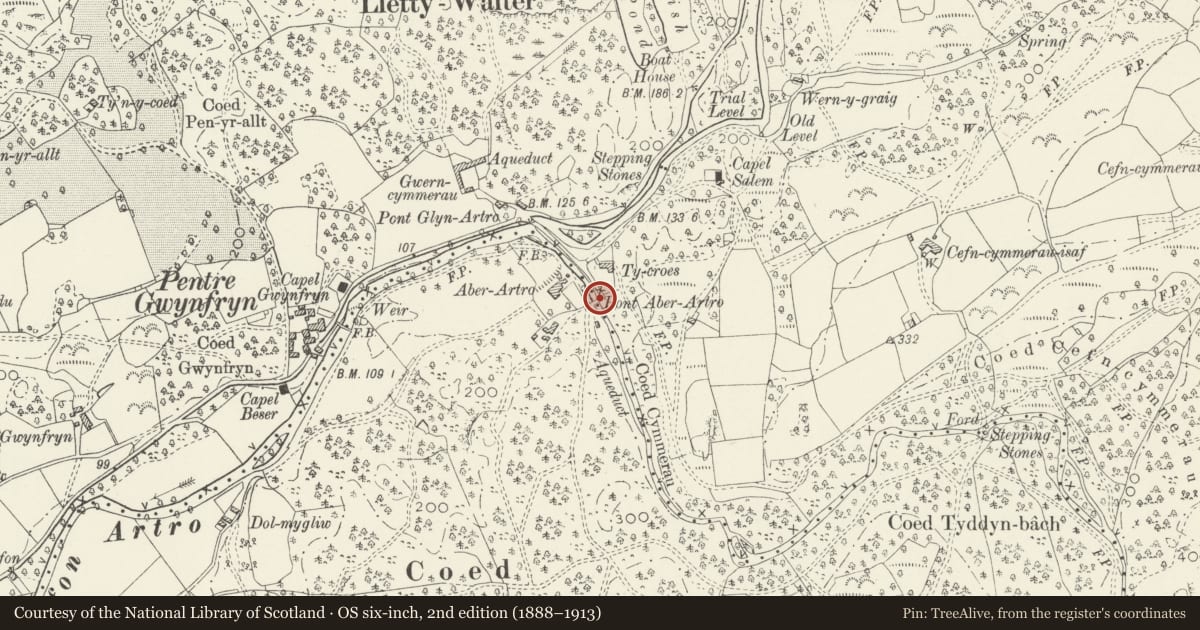 Ordnance Survey six-inch map, 2nd edition (1888–1913) covering the location of Pont Aberartro, Llanbedr, Gwynedd, with a pin at the register's coordinates