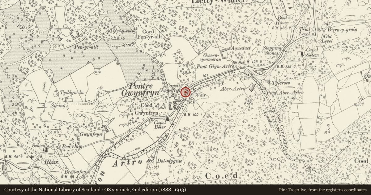 Ordnance Survey six-inch map, 2nd edition (1888–1913) covering the location of Telephone Call-box by Capel Gwynfryn, Llanbedr, Gwynedd, with a pin at the register's coordinates