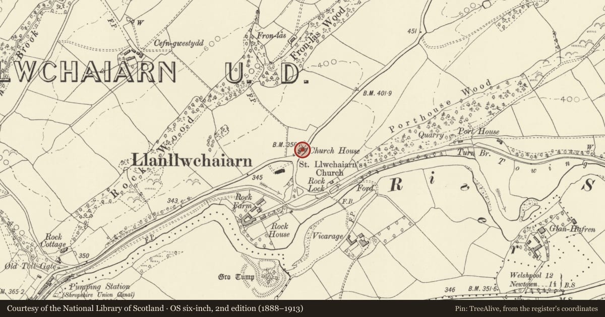 Ordnance Survey six-inch map, 2nd edition (1888–1913) covering the location of Church House, Newtown and Llanllwchaiarn, Powys, with a pin at the register's coordinates