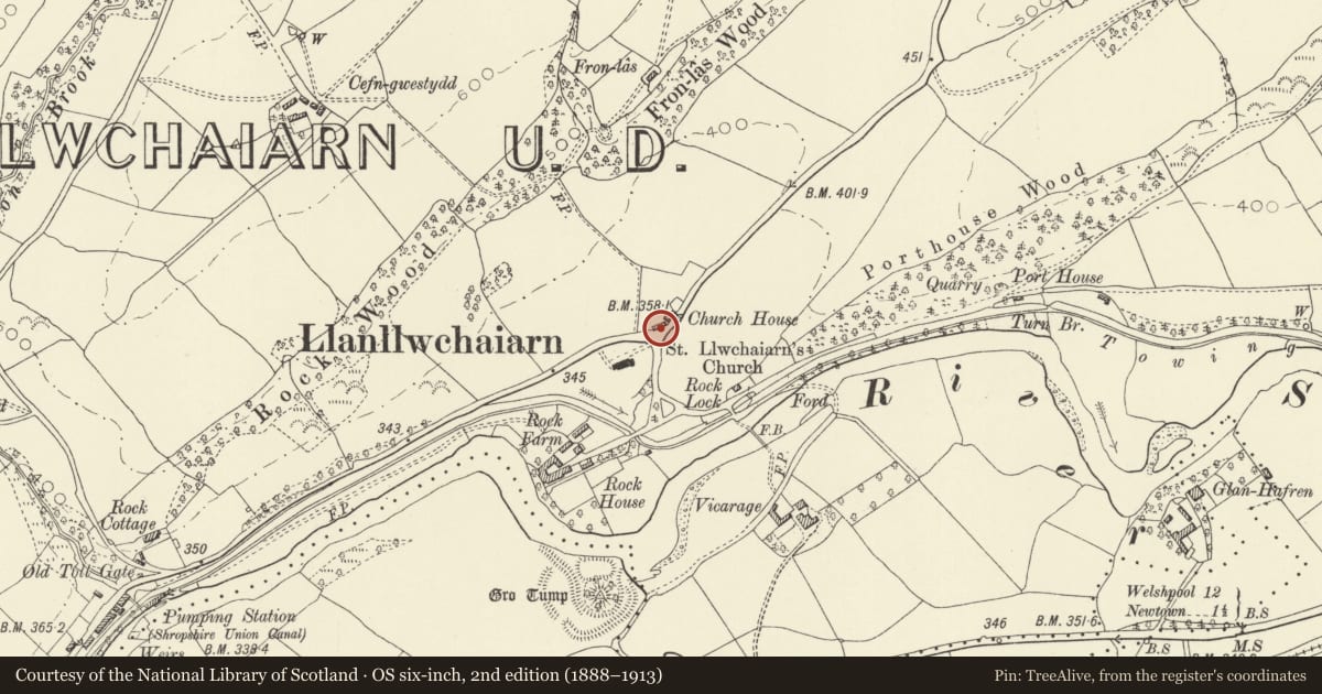 Ordnance Survey six-inch map, 2nd edition (1888–1913) covering the location of Church House Barn, Newtown and Llanllwchaiarn, Powys, with a pin at the register's coordinates