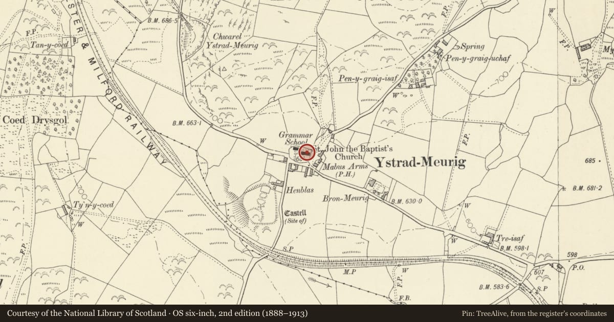 Ordnance Survey six-inch map, 2nd edition (1888–1913) covering the location of Church of Saint John, Ystrad Meurig, Ceredigion, with a pin at the register's coordinates
