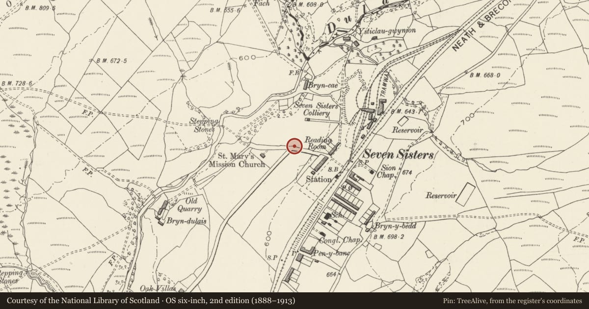 Ordnance Survey six-inch map, 2nd edition (1888–1913) covering the location of The War Memorial, Seven Sisters, Neath Port Talbot, with a pin at the register's coordinates