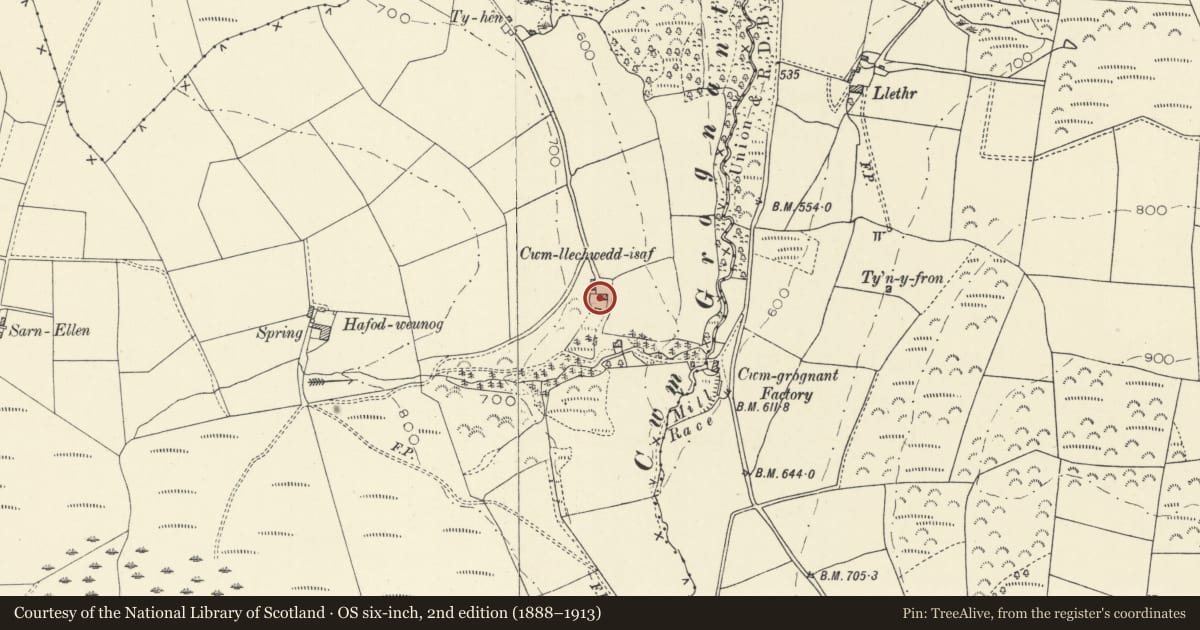 Ordnance Survey six-inch map, 2nd edition (1888–1913) covering the location of Cwmllechwedd Uchaf, Lledrod, Ceredigion, with a pin at the register's coordinates