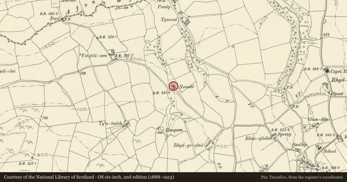 Ordnance Survey six-inch map, 2nd edition (1888–1913) covering the location of Neuadd, Lledrod, Ceredigion, with a pin at the register's coordinates