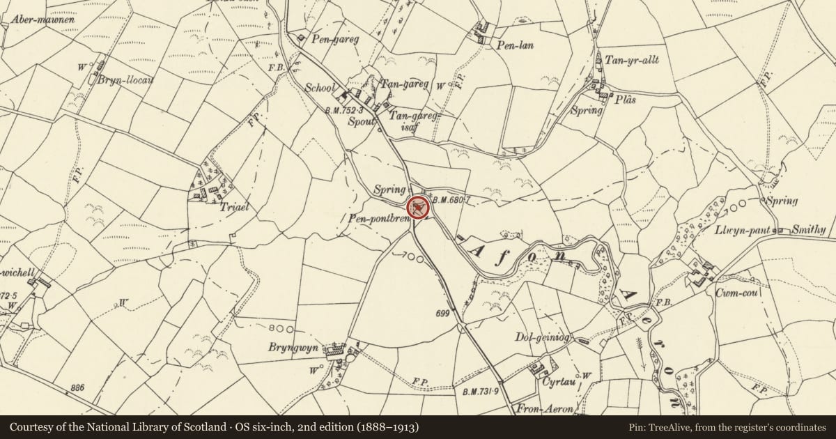 Ordnance Survey six-inch map, 2nd edition (1888–1913) covering the location of Penpontpren, Lledrod, Ceredigion, with a pin at the register's coordinates