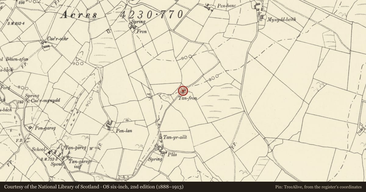 Ordnance Survey six-inch map, 2nd edition (1888–1913) covering the location of Tan Fron, Lledrod, Ceredigion, with a pin at the register's coordinates