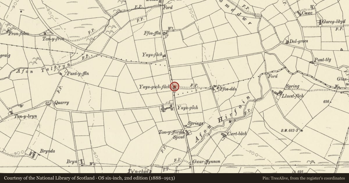 Ordnance Survey six-inch map, 2nd edition (1888–1913) covering the location of Ynys Coch Fach, Lledrod, Ceredigion, with a pin at the register's coordinates