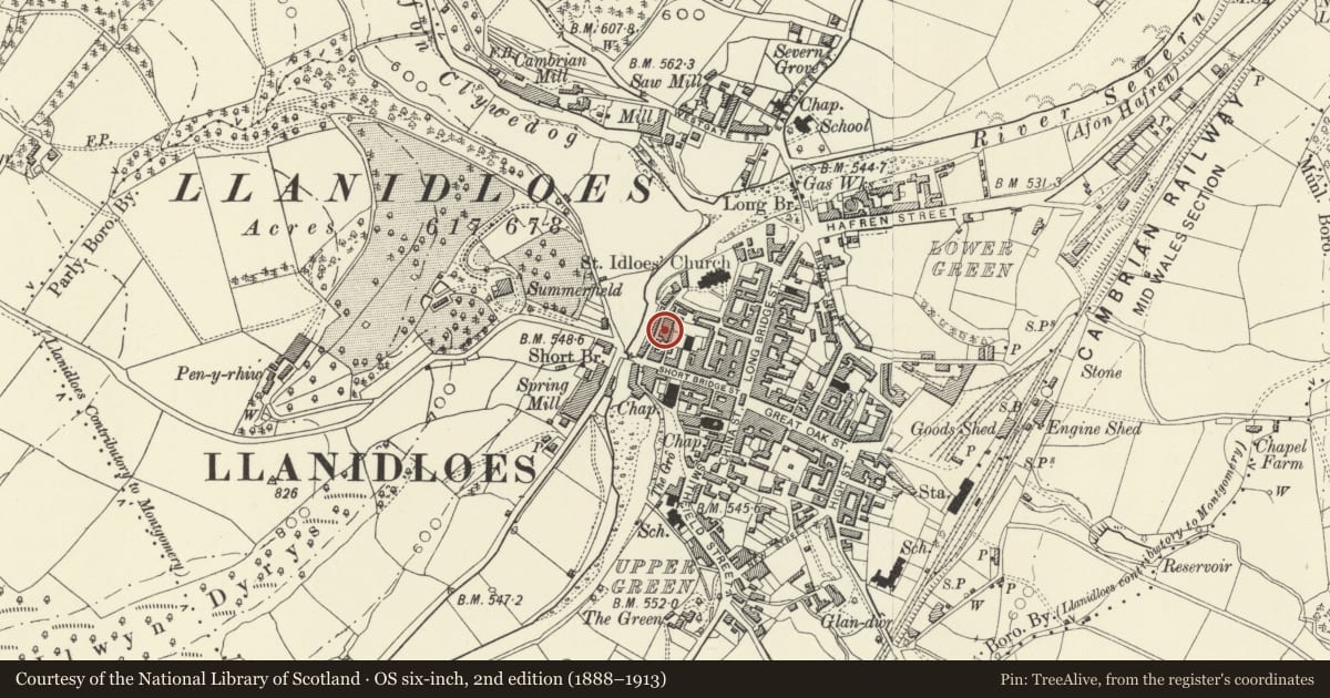 Ordnance Survey six-inch map, 2nd edition (1888–1913) covering the location of 5 Castle Street, Llanidloes, Powys, with a pin at the register's coordinates