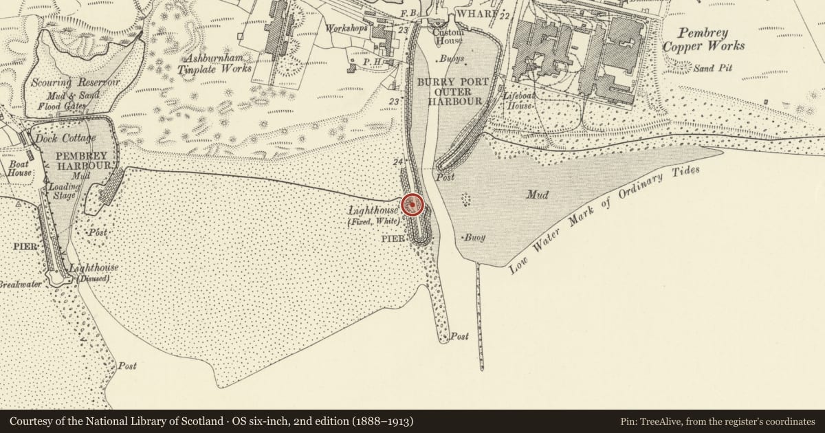 Ordnance Survey six-inch map, 2nd edition (1888–1913) covering the location of Burry Port Harbour Light, Pembrey and Burry Port Town, Carmarthenshire, with a pin at the register's coordinates