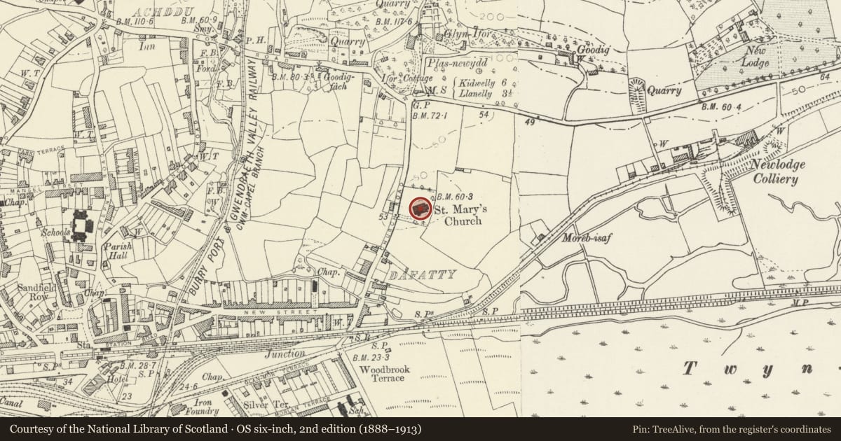 Ordnance Survey six-inch map, 2nd edition (1888–1913) covering the location of Church of St Mary, Pembrey and Burry Port Town, Carmarthenshire, with a pin at the register's coordinates