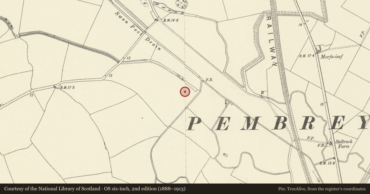 Ordnance Survey six-inch map, 2nd edition (1888–1913) covering the location of Dome gunnery trainer at Pembrey Airfield, Pembrey and Burry Port Town, Carmarthenshire, with a pin at the register's coordinates