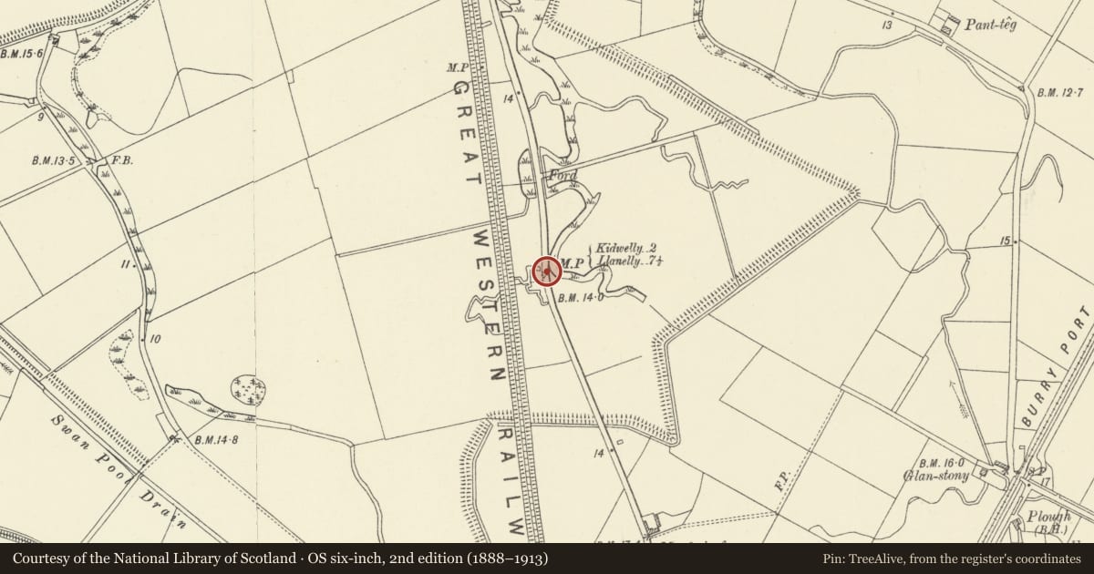 Ordnance Survey six-inch map, 2nd edition (1888–1913) covering the location of Milepost on A484 S of Lakelands Bungalow, Pembrey and Burry Port Town, Carmarthenshire, with a pin at the register's coordinates