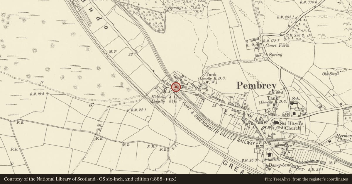 Ordnance Survey six-inch map, 2nd edition (1888–1913) covering the location of Milepost on Dan Lan Road, Pembrey and Burry Port Town, Carmarthenshire, with a pin at the register's coordinates