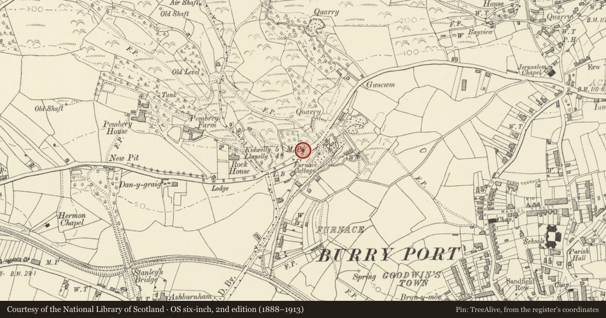 Ordnance Survey six-inch map, 2nd edition (1888–1913) covering the location of Milepost on Gwscwm Road, Pembrey and Burry Port Town, Carmarthenshire, with a pin at the register's coordinates