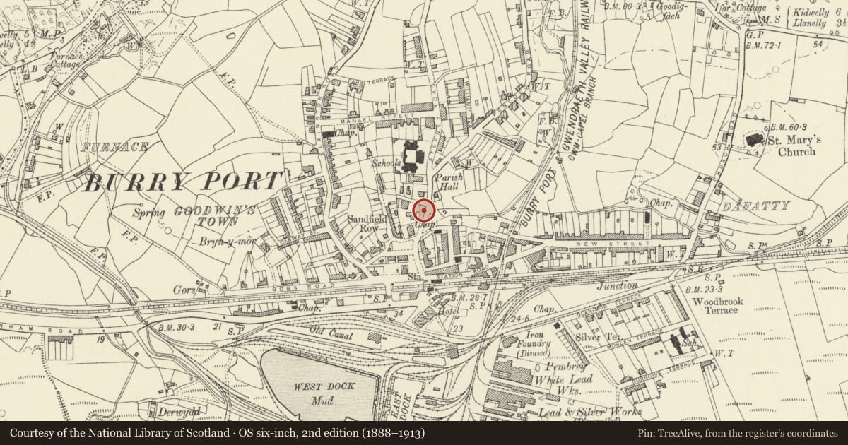 Ordnance Survey six-inch map, 2nd edition (1888–1913) covering the location of Monument to Amelia Earhart, Pembrey and Burry Port Town, Carmarthenshire, with a pin at the register's coordinates