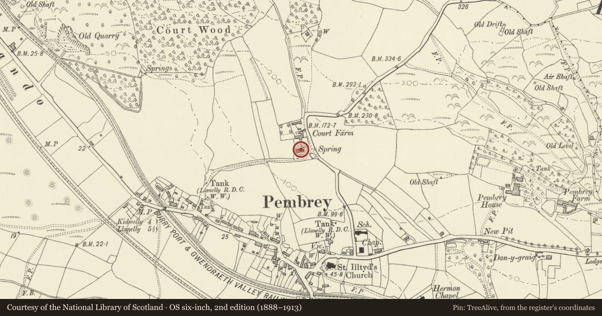 Ordnance Survey six-inch map, 2nd edition (1888–1913) covering the location of Outbuilding on S side of Court Farm, Pembrey and Burry Port Town, Carmarthenshire, with a pin at the register's coordinates